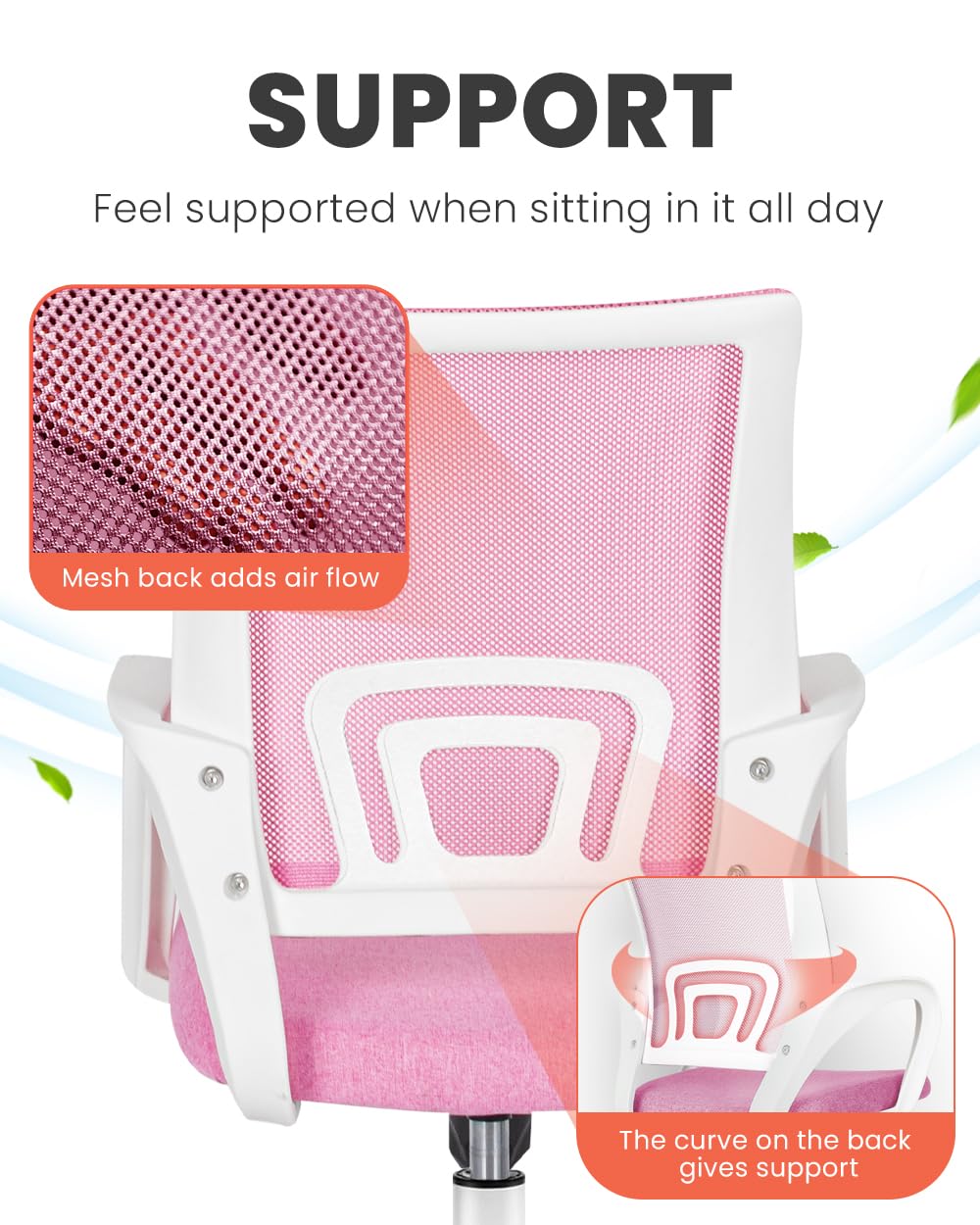 Office Desk Computer Chair Ergonomic Mesh Gaming Cushion Seat with Comfy Lumbar Mid Back Support Adjustable Height Swivel Rolling Wheels for Home Task (Pink)