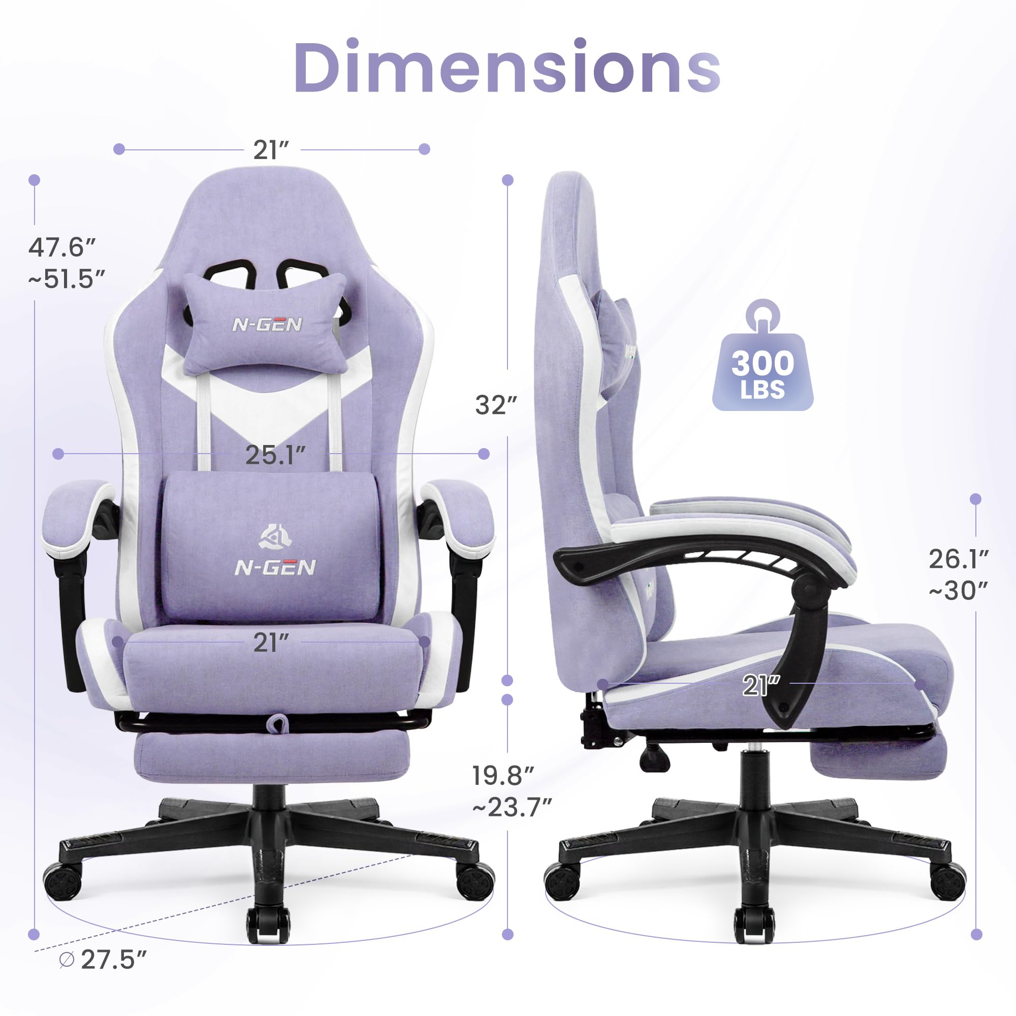 Gaming Chair with Footrest Lumbar Support for Home Office High Back Recliner Height Adjustable Ergonomic Comfy Fabric Computer Desk Chair (Purple)