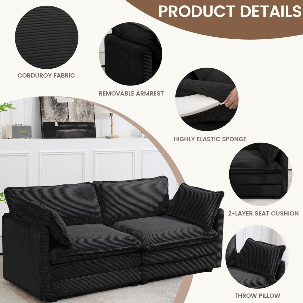 Sectional 2 Seat Cloud Loveseat with 2 Throw Pillows, Modern Corduroy Love Seat Sleeper Bed, Convertible Cozy Sofa for Living Room and Office, Black