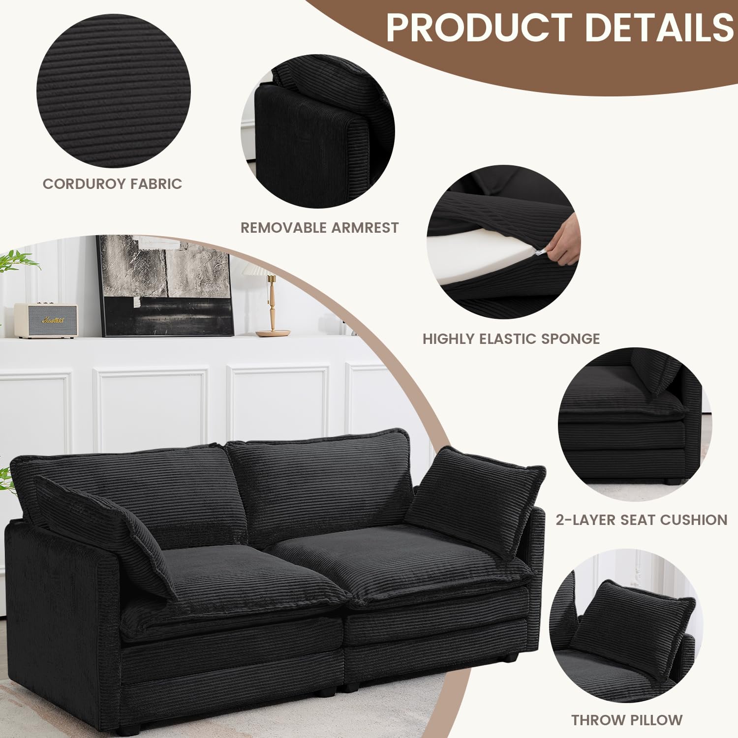 Sectional 2 Seat Cloud Loveseat with 2 Throw Pillows, Modern Corduroy Love Seat Sleeper Bed, Convertible Cozy Sofa for Living Room and Office, Black