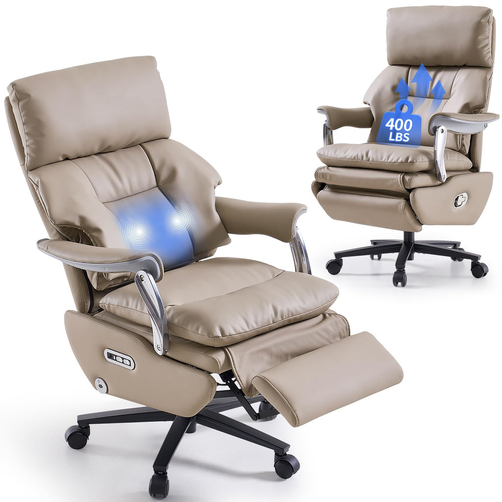 Ergonomic Office Chair with Foot Rest Electric Executive Office Chair Power Reclining with Massage Big and Tall High Back Computer Chair with Wheels, Sustainable Leather（Light Khaki）