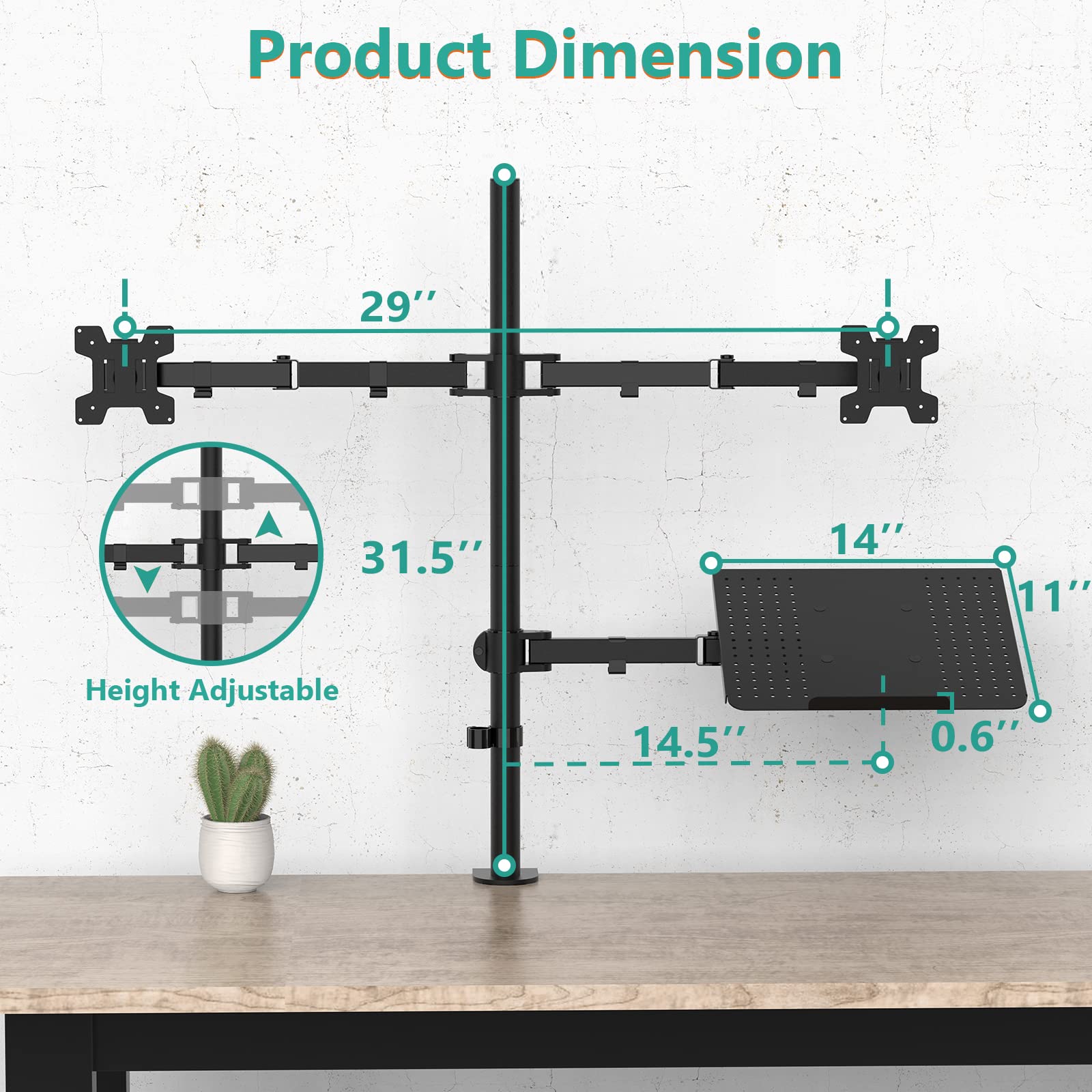 Triple Arm Laptop and Dual Monitor Desk Mount for 17" Notebook and Up to 27" Screens, Extra Tall Adjustable Monitor Stand with Laptop Tray, VESA 75x75 100x100, Black