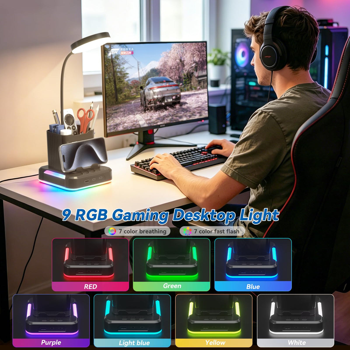 5 in 1 Desk Lamp with Charging Ports, 9 RGB Modes Gaming Table Light
