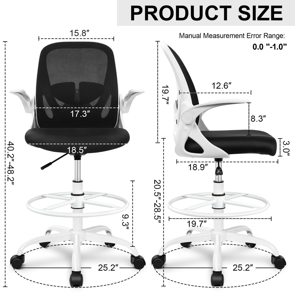 Ergonomic Drafting Chair with Flip-up Armrests Tall Office Chair for Standing Desk Comfortable Desk Chair with Adjustable Footrest Ring and Lumbar Support in Gray Perfect for Home (White)
