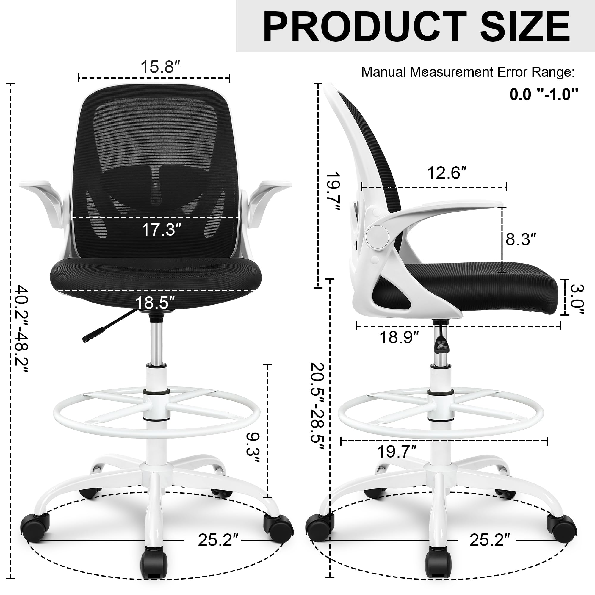 Ergonomic Drafting Chair with Flip-up Armrests Tall Office Chair for Standing Desk Comfortable Desk Chair with Adjustable Footrest Ring and Lumbar Support in Gray Perfect for Home (White)
