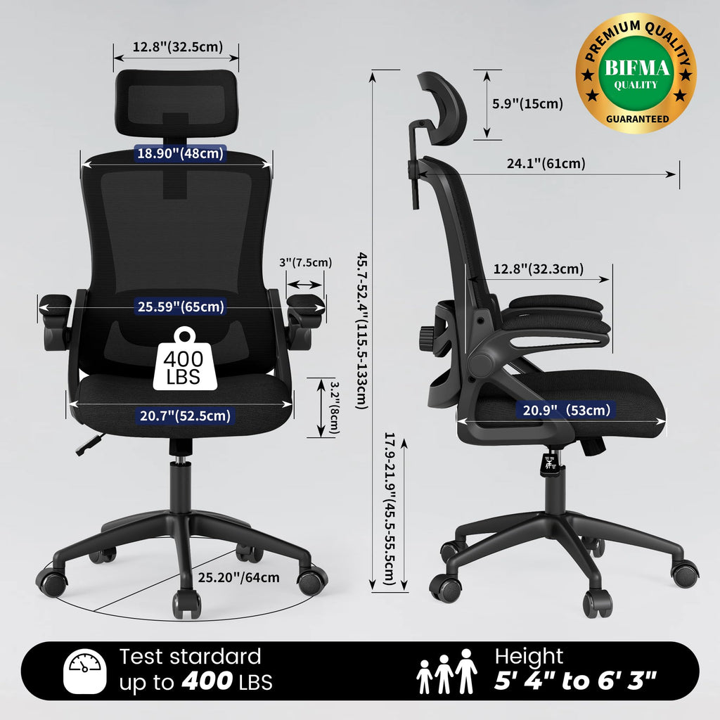 Office Chair, Ergonomic Office Chair with High Back Mesh and Adjustable Lumbar Support, Home Mesh Office Desk Chairs with Wheels, Comfortable Gaming Chair for Long Hours (Deep Black)