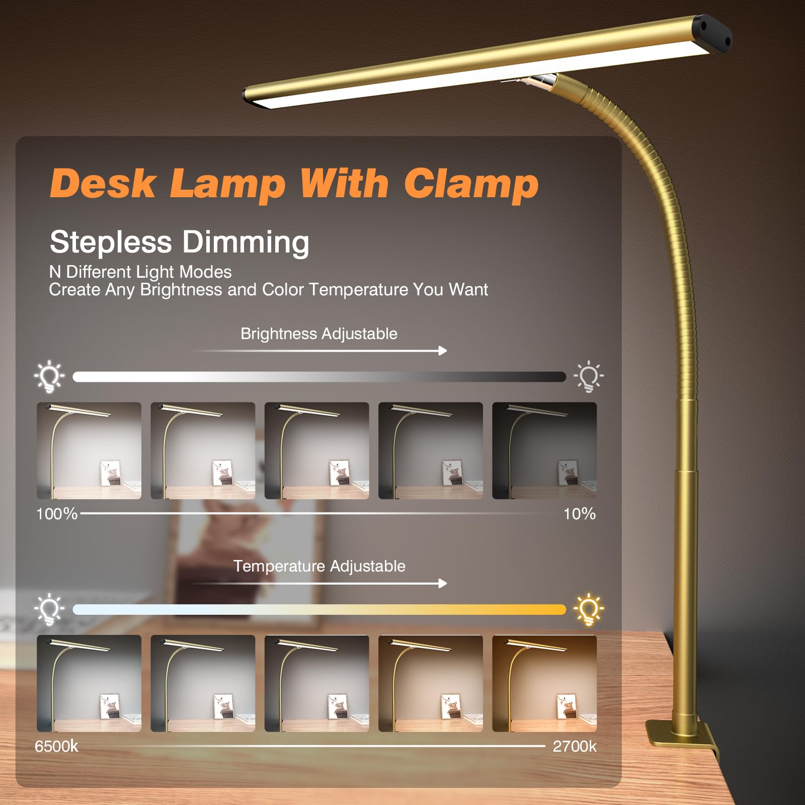 LED Desk Lamp for Office Home, Eye-Caring Desk Light with Stepless Dimming Adjustable Flexible Gooseneck, 10W USB Adapter Desk Lamp with Clamp for Reading, Study, Workbench (Gold)