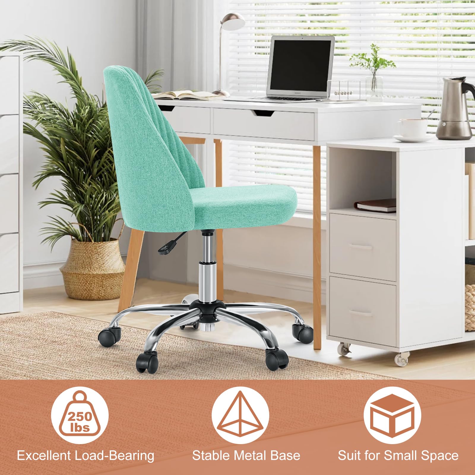 Office Chair, Comfy Desk Chair Rolling Vanity Swivel Task Chairs with Wheels, Wide Seating Armless Height Adjustable Computer Chairs for Home,Bedroom,Student,Adults, Green