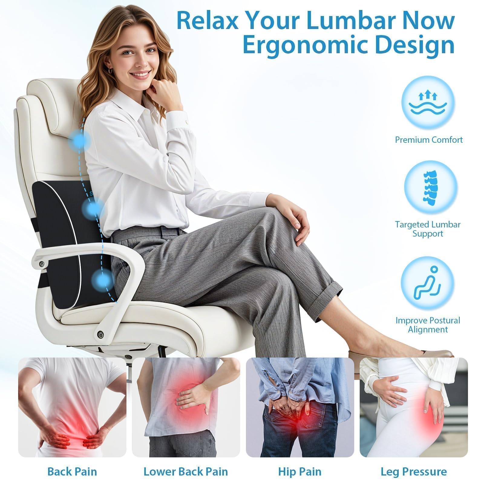 Lumbar Support Pillow for Office Chair, Car & Gaming Chair, Ergonomic Memory Foam Cushion for Back Comfort, Zoned Back Support, Double Adjustable Straps, Breathable Washable Cover, Black
