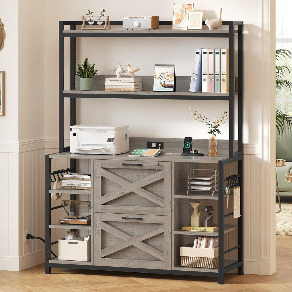 File Cabinet with Charging Station, Vertical Filing Cabinet with Lock for Home Office, Printer Stand with Open Storage Shelf, Fits Legal/Letter/A4 Size, Grey