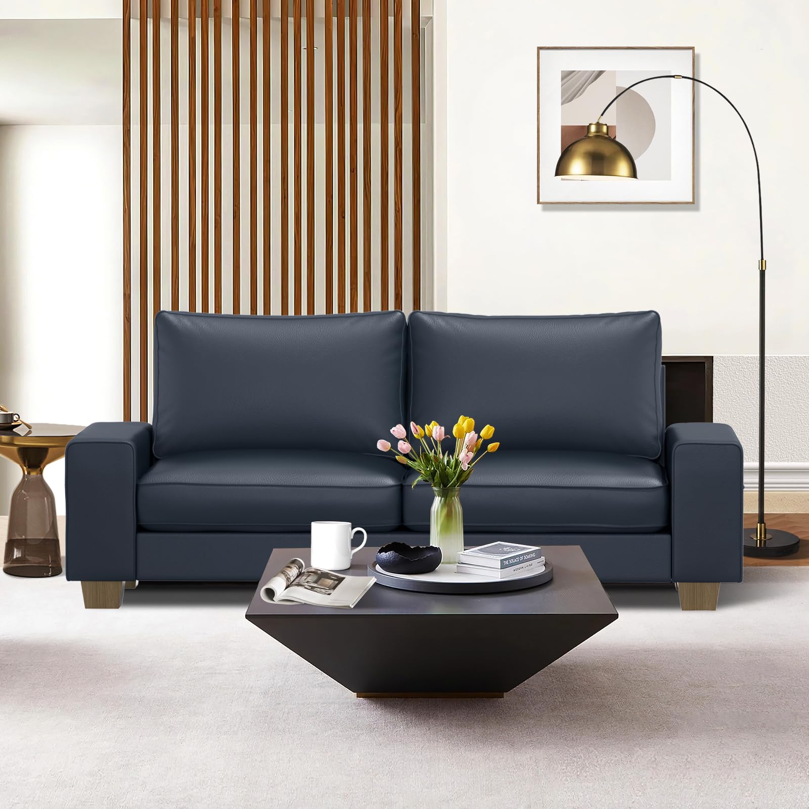 Faux Leather Couch, Mid Century Modern Comfy Loveseat Sofa with Wide Arm, Side Pockets, Solid Wooden Frame for Office, Living Room and Bedroom, 3 Seater (Blue, 88.58 inches)