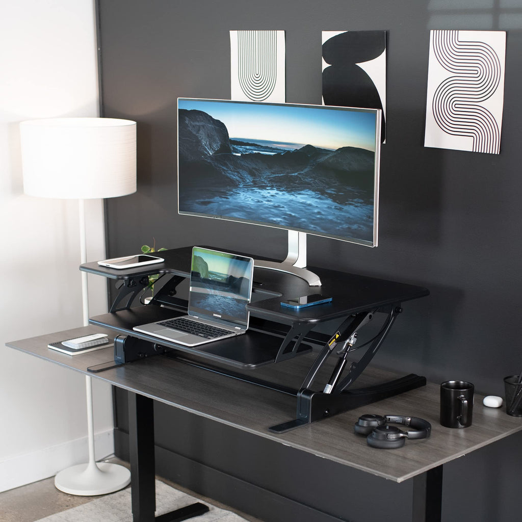 42 inch Height Adjustable Stand Up Desk Converter, V Series, Quick Sit to Stand Tabletop Dual Monitor Riser Workstation, Black