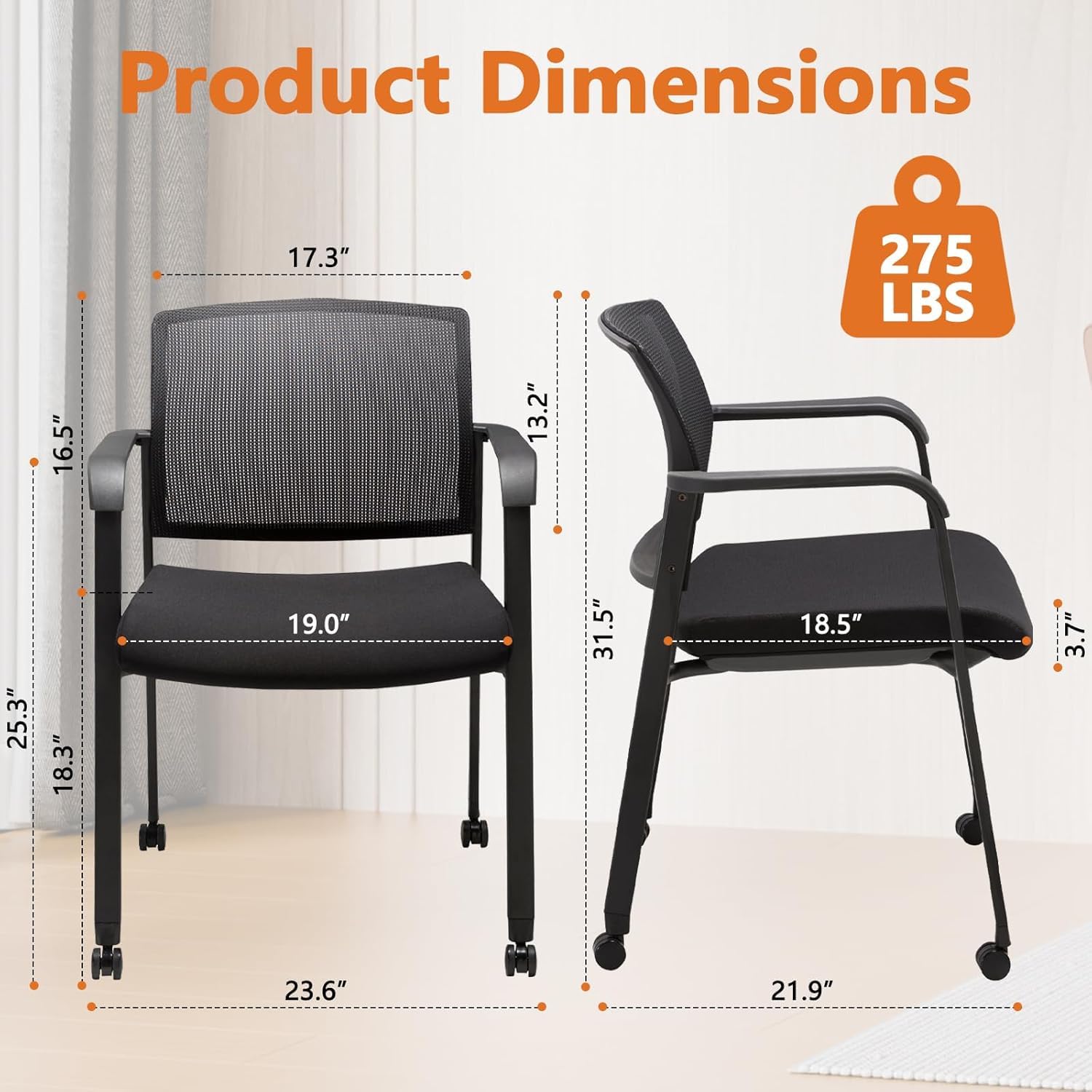 8PK, Mesh Back Guest Reception Arm Chairs with Wheels, Waiting Room Chairs with Upholstered Fabric Seat and Ergonomic Lumbar Support for Office,