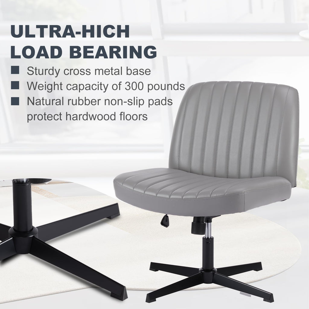 Criss Cross Legged Chairs Armless No Wheels Wide Seat Height Adjustable Swivel Padded PU Leather Home Office Desk Chair for Bedroom, Student, Study Room,Grey