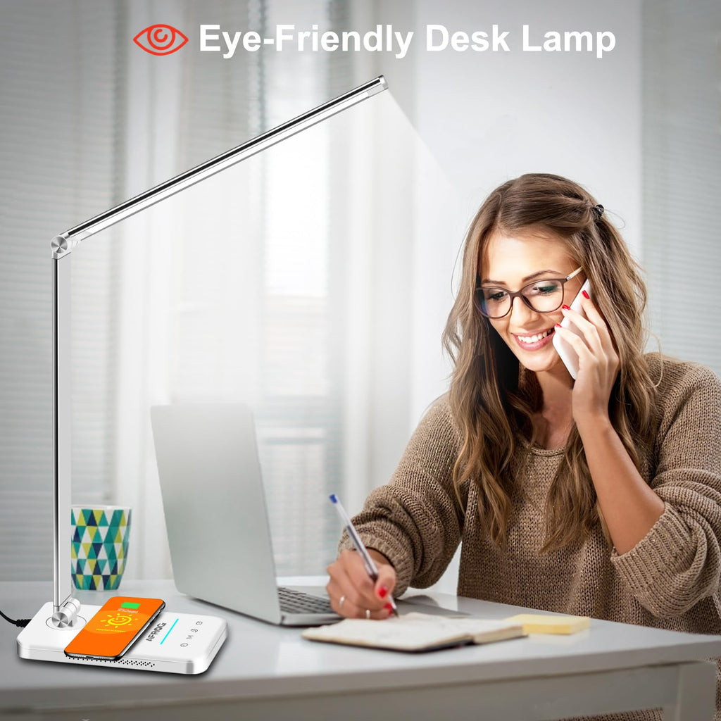 Multifunctional LED Desk Lamp with Wireless Charger, USB Charging Port, 5 Lighting Modes,5 Brightness Levels, Sensitive Control, 30/62 min Auto Timer, Eye-Caring Office Lamp with Adapter