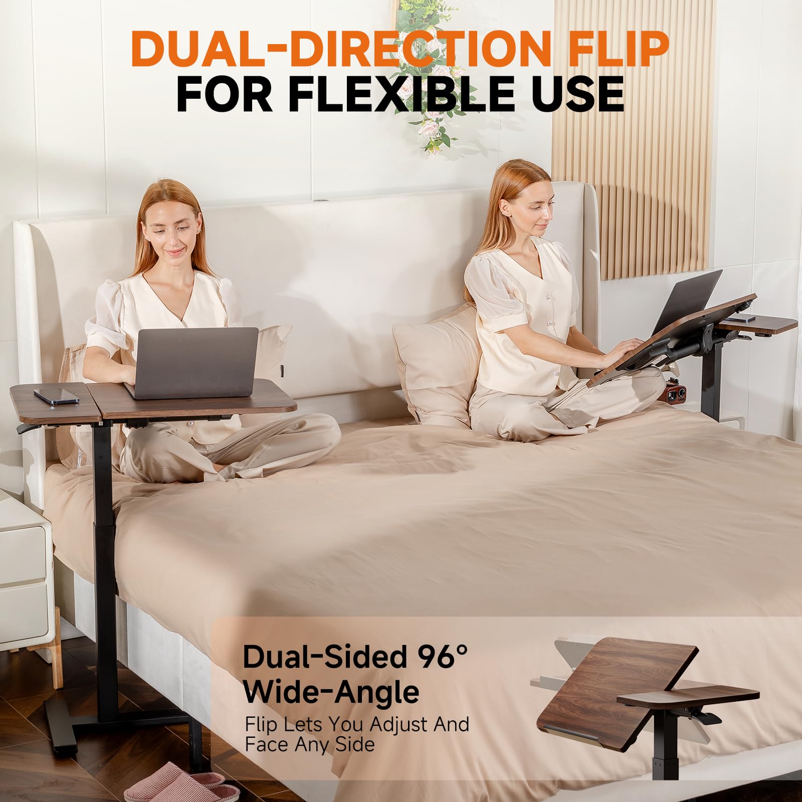 Tiltable Mobile Small Standing Desk, Pneumatic Adjustable Height Overbed Bedside Table with Wheels, Sit Stand Portable Rolling Laptop Desk Computer Workstations, Walnut