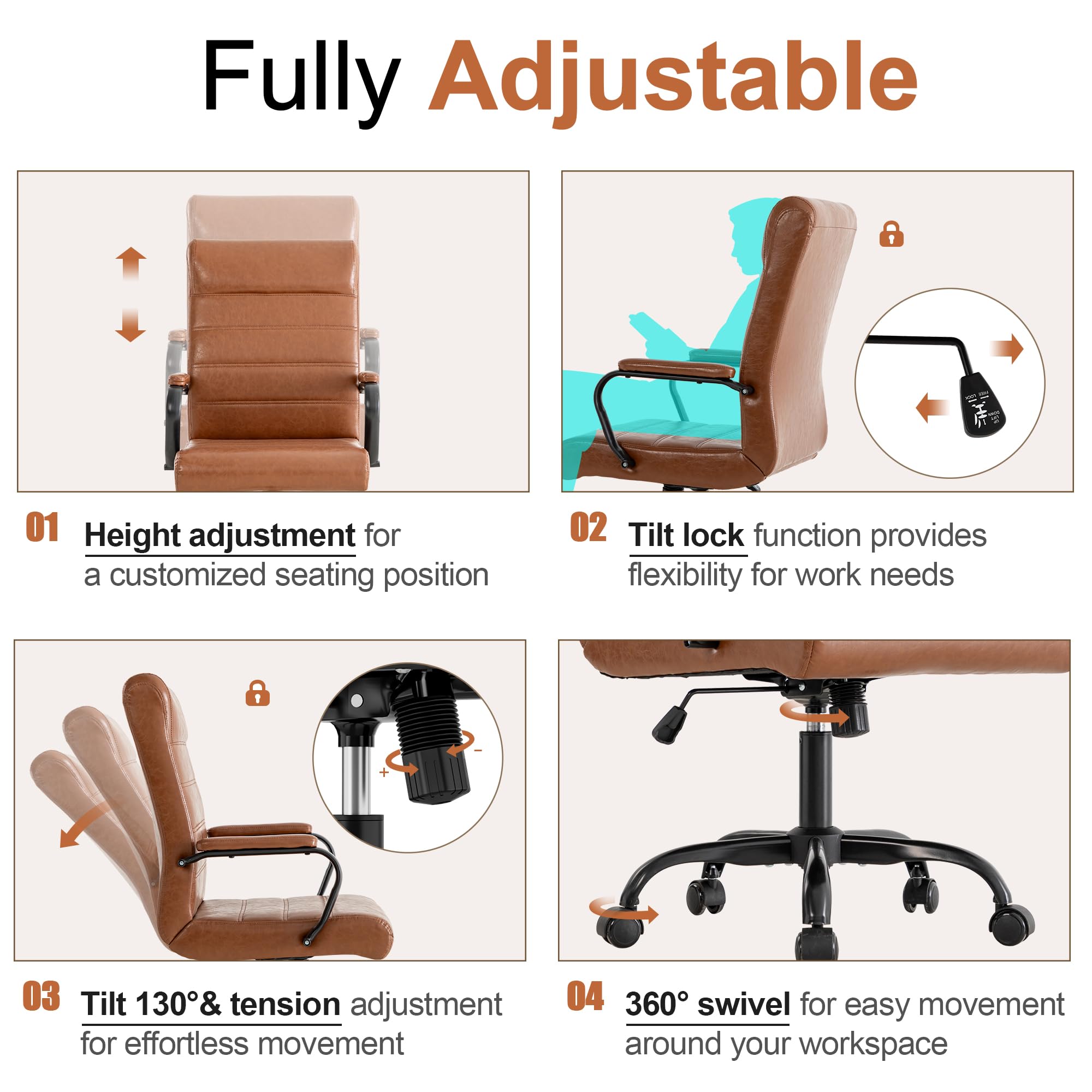 Office Desk Chair,Modern Leather Conference Room Chairs,High Back Home ofiice Chair,Adjustable Height Swivel Executive Computer Chair with Armrest and Padded Seat,Brown with Black Frame