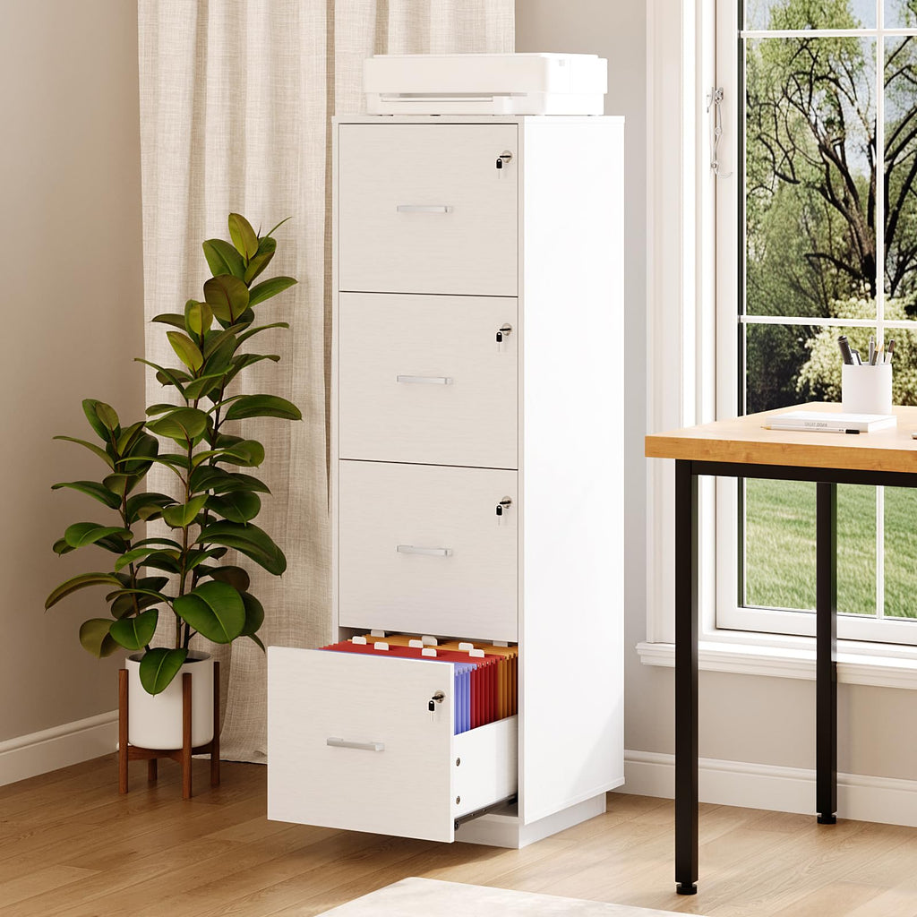 4 Drawer File Cabinet with Lock, Home Office Filing Organizer, for Letter Size File Folder Storage, Wood Tall Vertical Filing Cabinet, Printer Stand, Archivador (White)