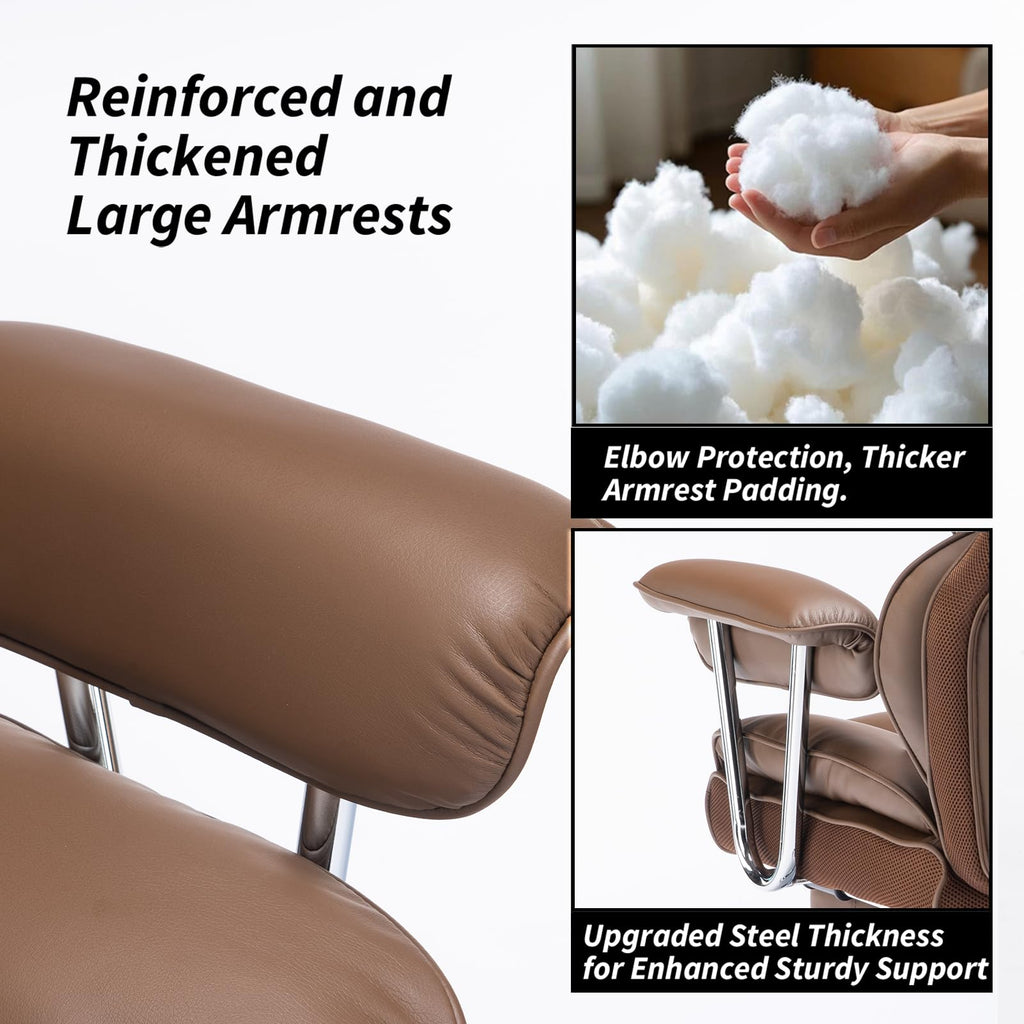 Big and Tall Office Chair 400lbs – High Back Executive Chair with Swivel Base, PU Leather Upholstery, Lumbar Pillow, Padded Armrests, and Rolling Wheels，Brown Computer Chair