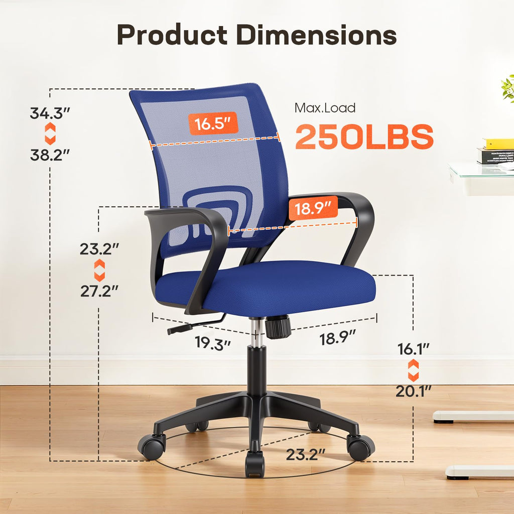 Ergonomic Office Chair | Mid-Back Swivel Desk Chair | Breathable Backrest & Lumbar Support | Adjustable Height | Sponge Seat | Rolling Wheels | Blue | for Adults & Women