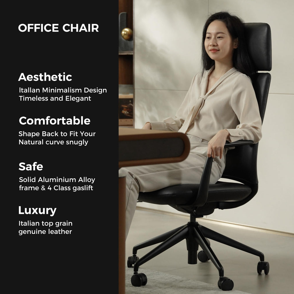 Executive Leather Office Chair, Top Grain Genuine Leather Executive Chair High Back with headrest, Adjustable Tilt & Height, Ergonomic Swivel Chair with Wheels (Black)