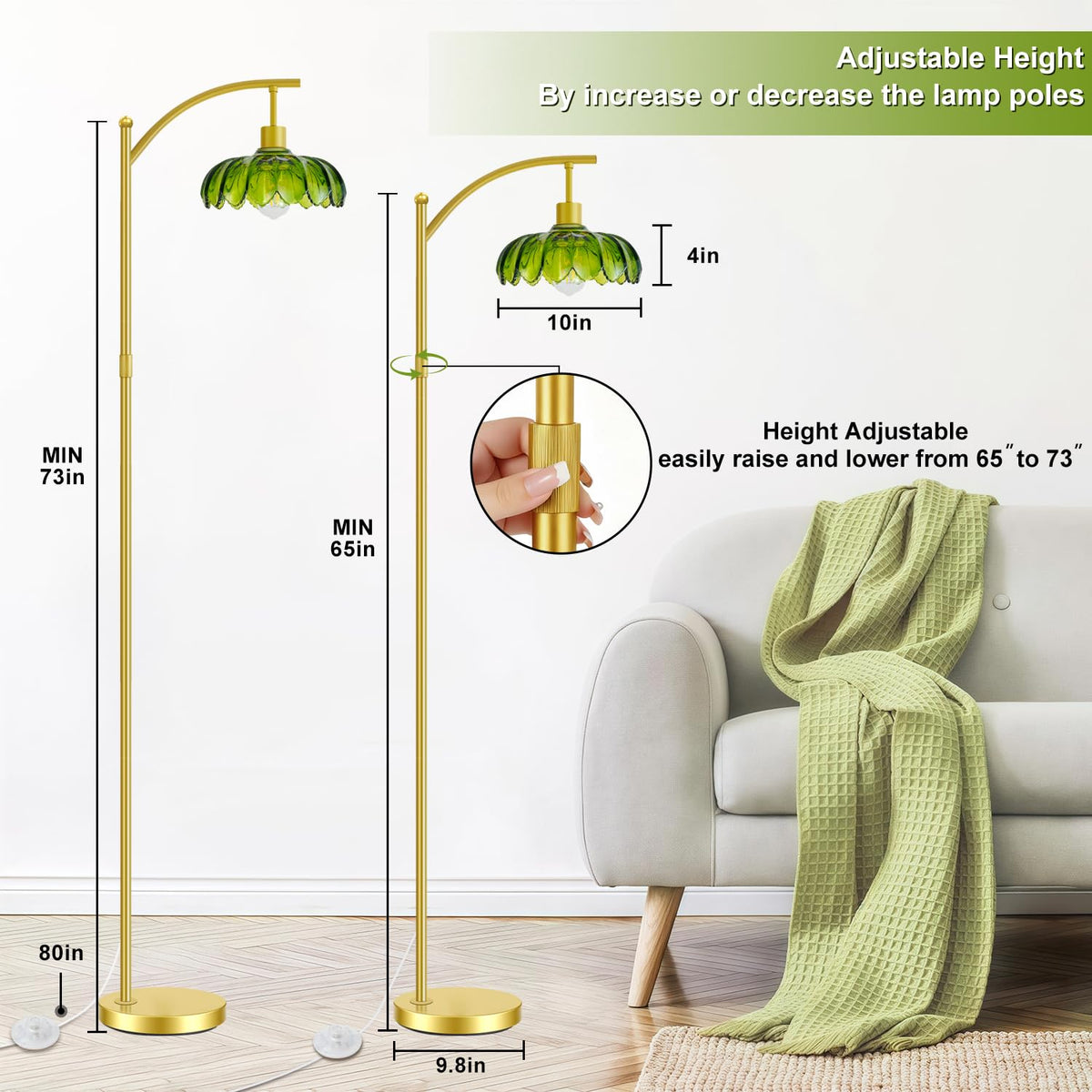 Gold Floor Lamp with Remote Control, Dimmable LED Floor Lamp with 3 Color Temperatures, Adjustable Height Vintage Standing Lamps for Living Room BedroomOffice, Green Glass Tall Lamps Gift Use