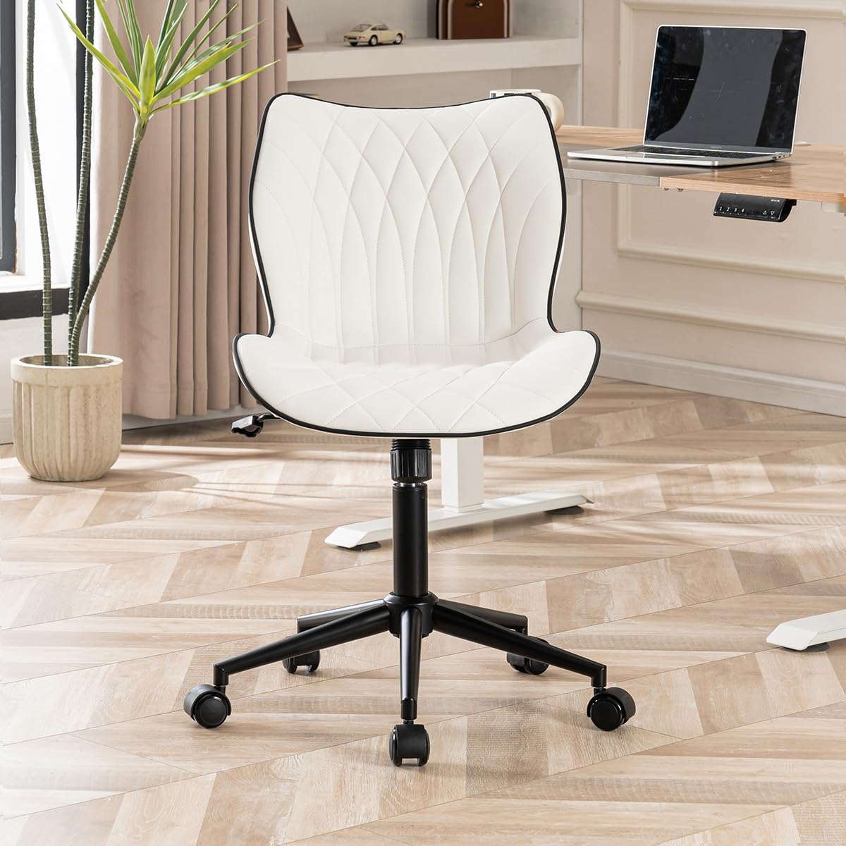 Armless Desk Chair Comfy Office Chair with Wheels Home Ergonomic Task Chair Adjustable Computer Chairs Modern Faux Leather Swivel Chair Upholstered Makeup Vanity Chair with Back(White)