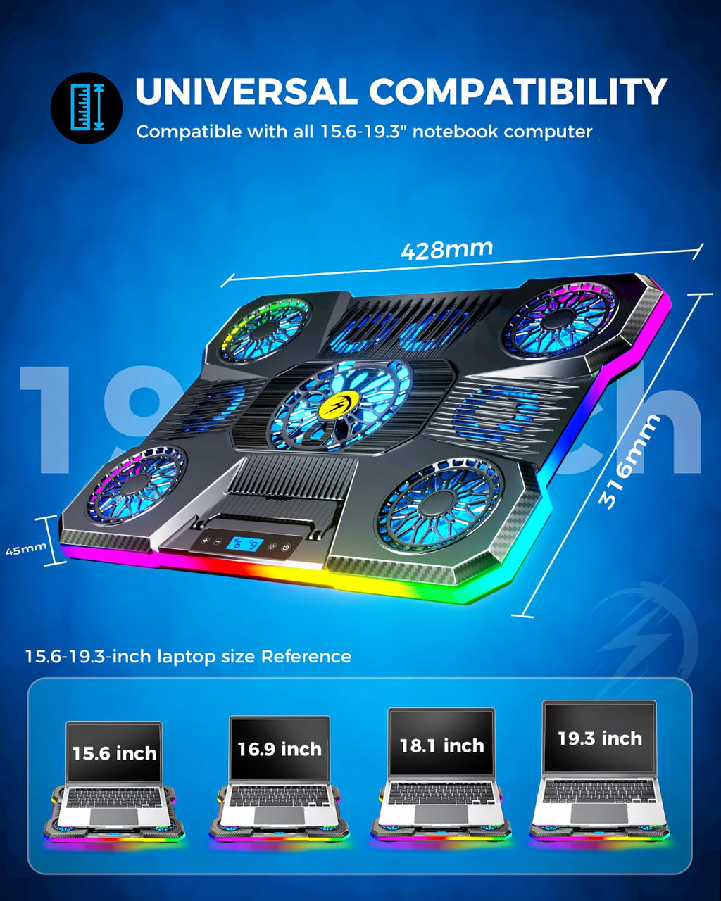 Laptop Cooling Pad, RGB Lights Laptop Cooler 9 Fans for 15.6-19.3 Inch Laptops, Gaming Laptop Fan Cooling Pad with 8 Height Stands, 2 USB Ports - A21 Blue