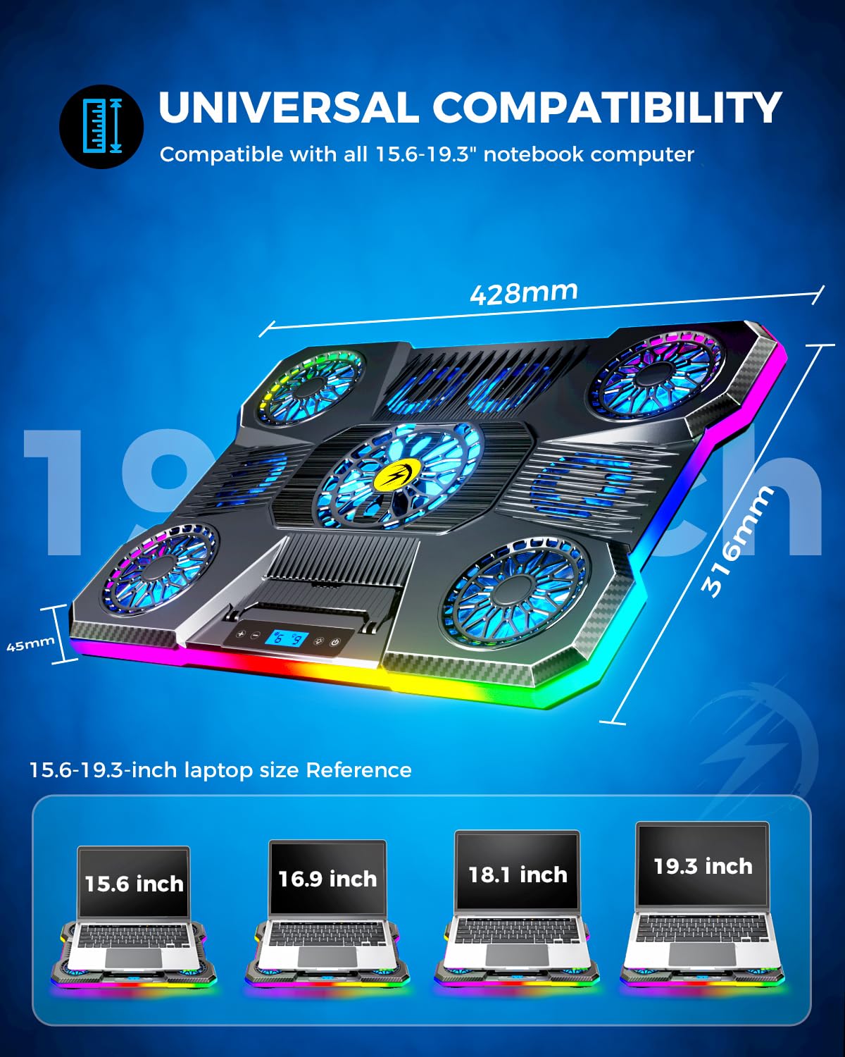 Laptop Cooling Pad, RGB Lights Laptop Cooler 9 Fans for 15.6-19.3 Inch Laptops, Gaming Laptop Fan Cooling Pad with 8 Height Stands, 2 USB Ports - A21 Blue