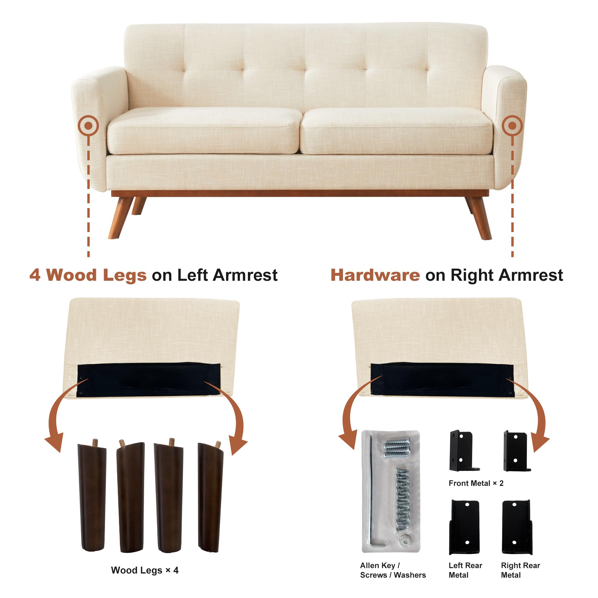 65.2" W Loveseat Sofa, Easy to Install Small Couch for Bedroom Office Apartment, Cream White