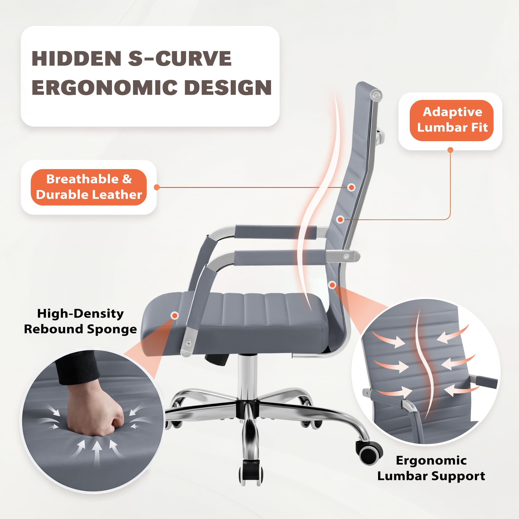 Ergonomic Office Desk Chair, Executive Ribbed Mid-Back PU Leather Conference Room Chair Adjustable Swivel Chair with Arms (1, Grey)
