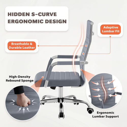 (2, Grey) Ergonomic Office Desk Chair, Executive Ribbed Mid-Back PU Leather Conference Room Chair Adjustable Swivel Chair with Arms