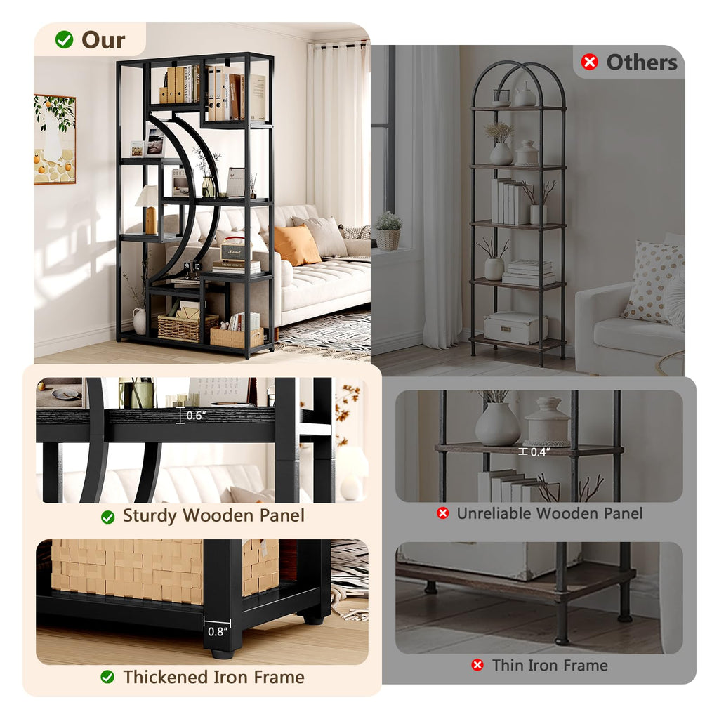 Bookshelf Set of 2 with Metal Frame, 5 Tier Geometric Bookcase, Adjustable Modern Book Shelf with 18 Open Storage Shelves, Display Shelf for Living Room, Office, Bedroom,Black