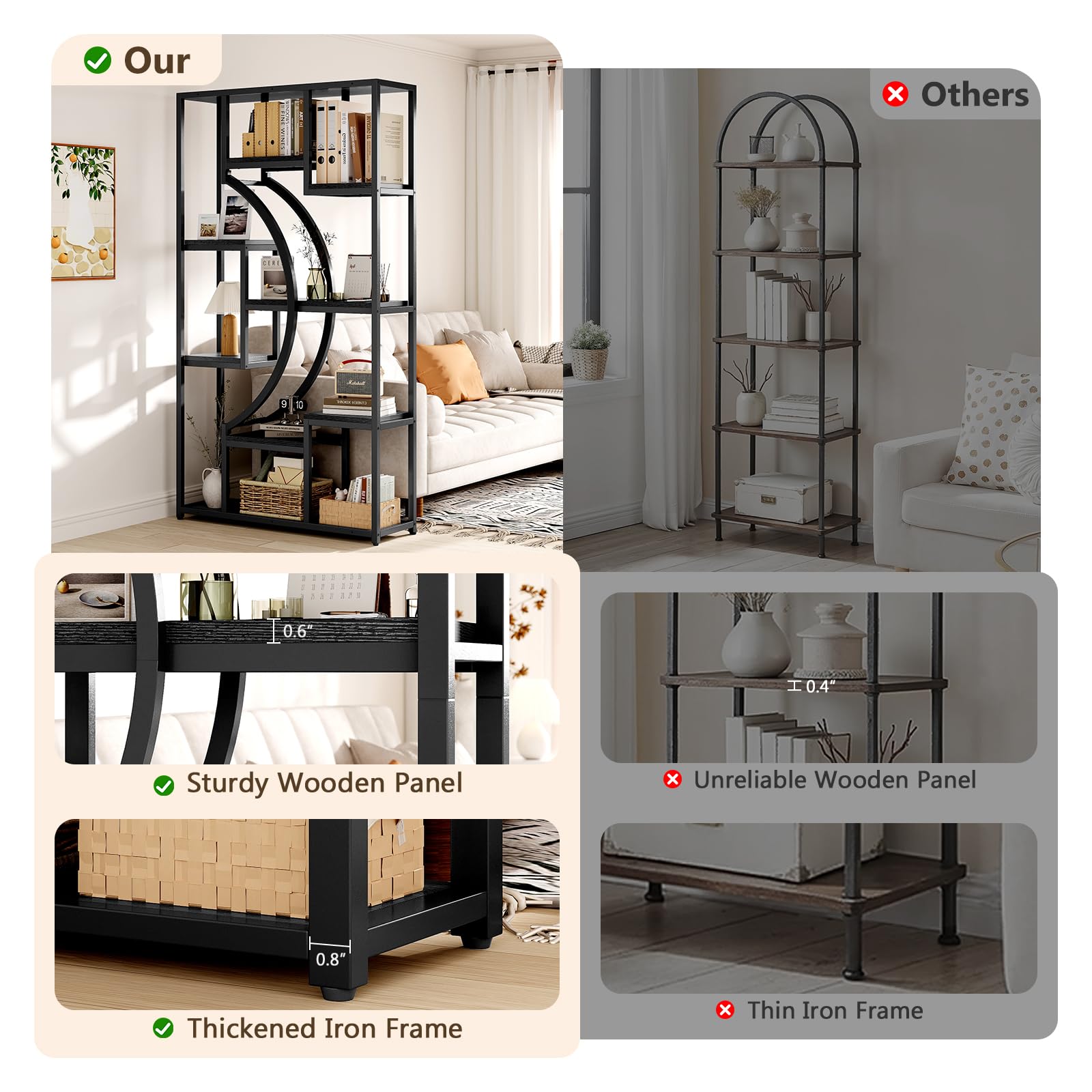Bookshelf Set of 2 with Metal Frame, 5 Tier Geometric Bookcase, Adjustable Modern Book Shelf with 18 Open Storage Shelves, Display Shelf for Living Room, Office, Bedroom,Black