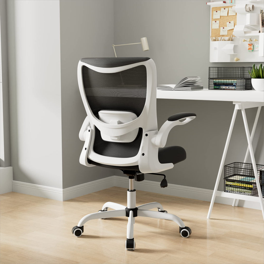 Office Chair, Ergonomic Desk Chair with Adjustable Lumbar Support and Flip up Armrest, Breathable Mesh Computer Chair for Home Office, White