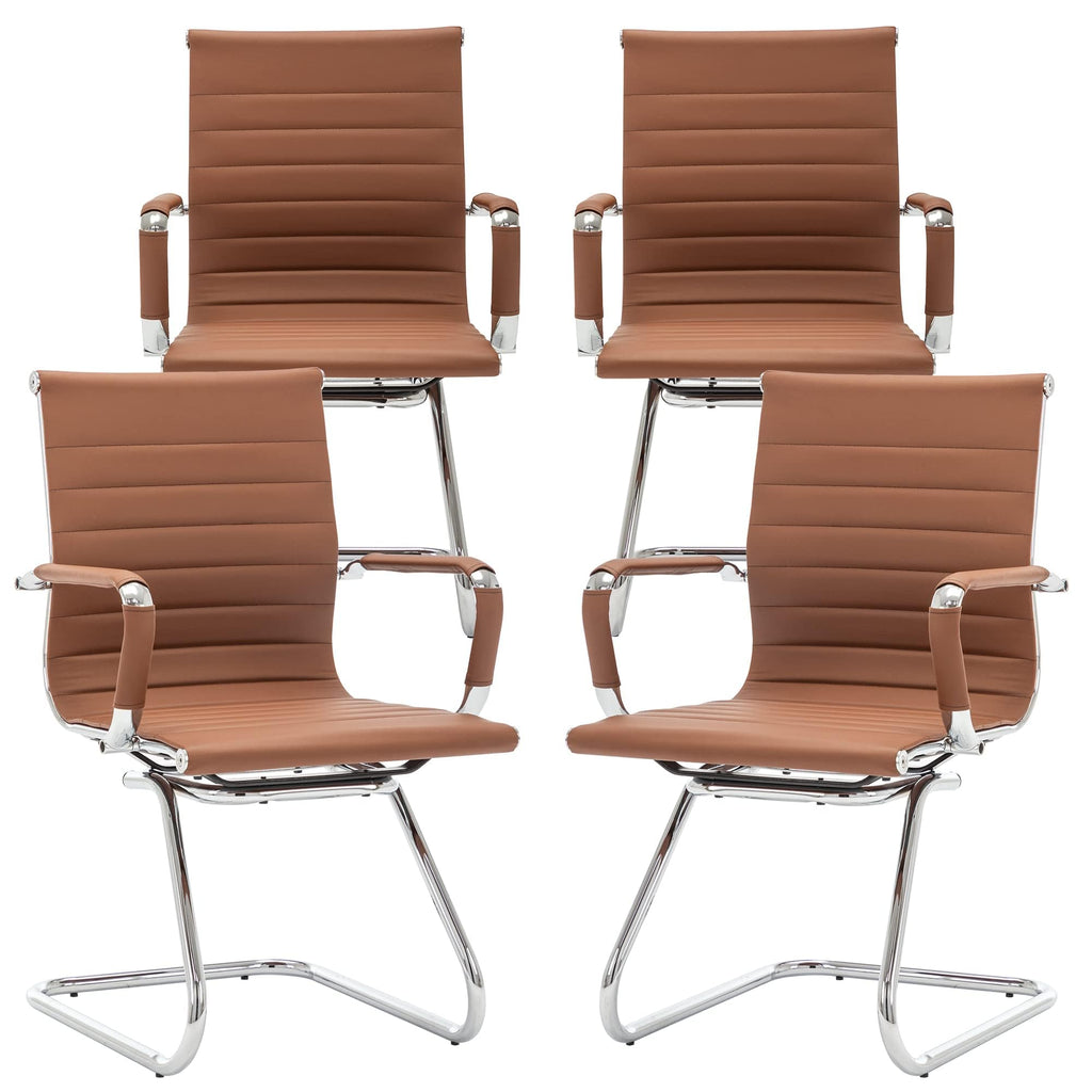Conference Room Chairs Set of 4, Waiting Room Chairs with Arms, Faux Leather Reception Chairs No Wheels, Office Guest Chairs with Mid Back Support and Chrome Sled Base, Cafe