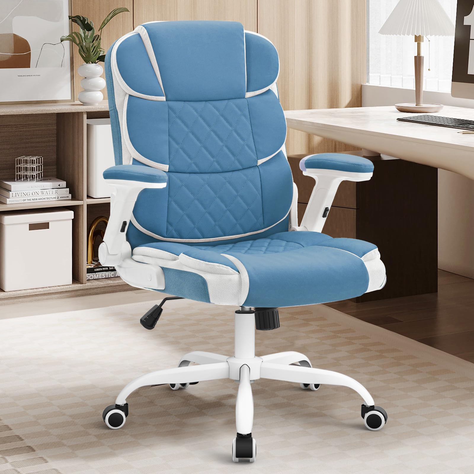 Blue Office Chair Leather Ergonomic Executive Computer Desk Chairs Small Cute Rolling Task Chairs for Teens&Adults