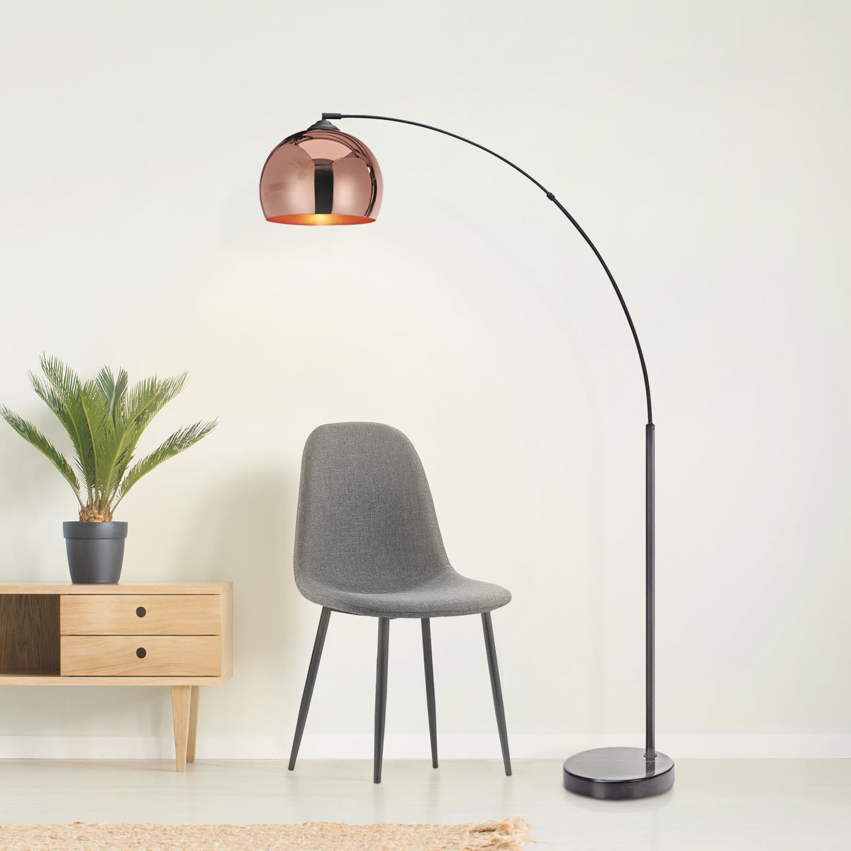 Arquer 66.93" Arc Floor Lamp for Living Rooms, Home Offices, Dining Rooms, Bedrooms with Faux Black Marble Base and Rose Gold Bell Shade
