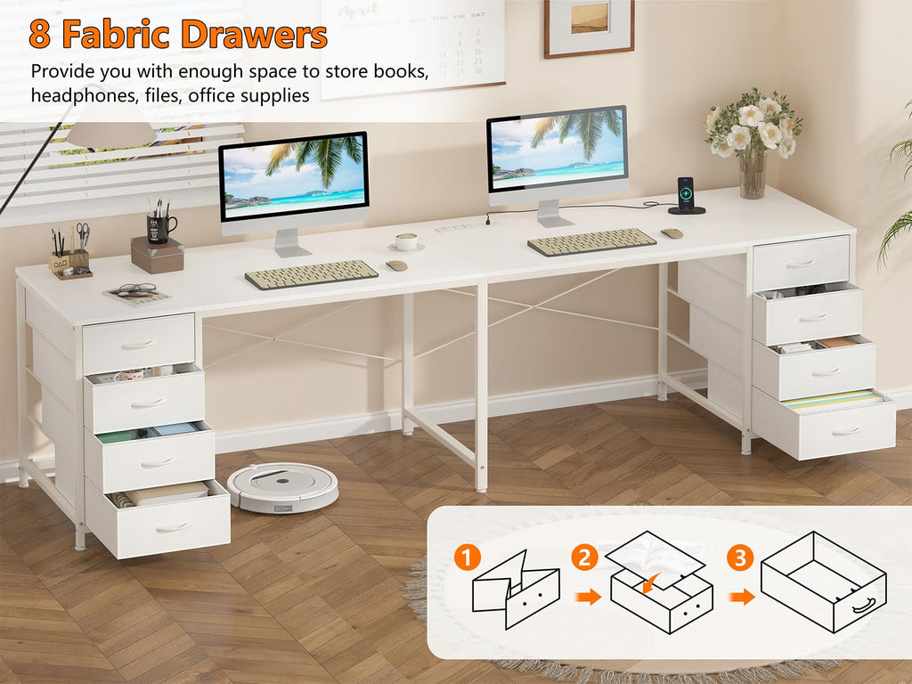 95'' Two Person Desk with 8 Drawers, Long Computer Desk with Charging Station, 2 Person Desks Double Desk Writing Study Table for Home Office, White