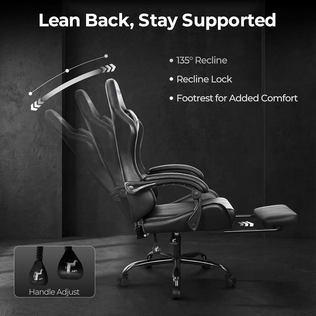 Gaming Chair with Footrest Lumbar Support for Home Office High Back Recliner Height Adjustable Ergonomic Comfy Leather Computer Desk Chair (Black)