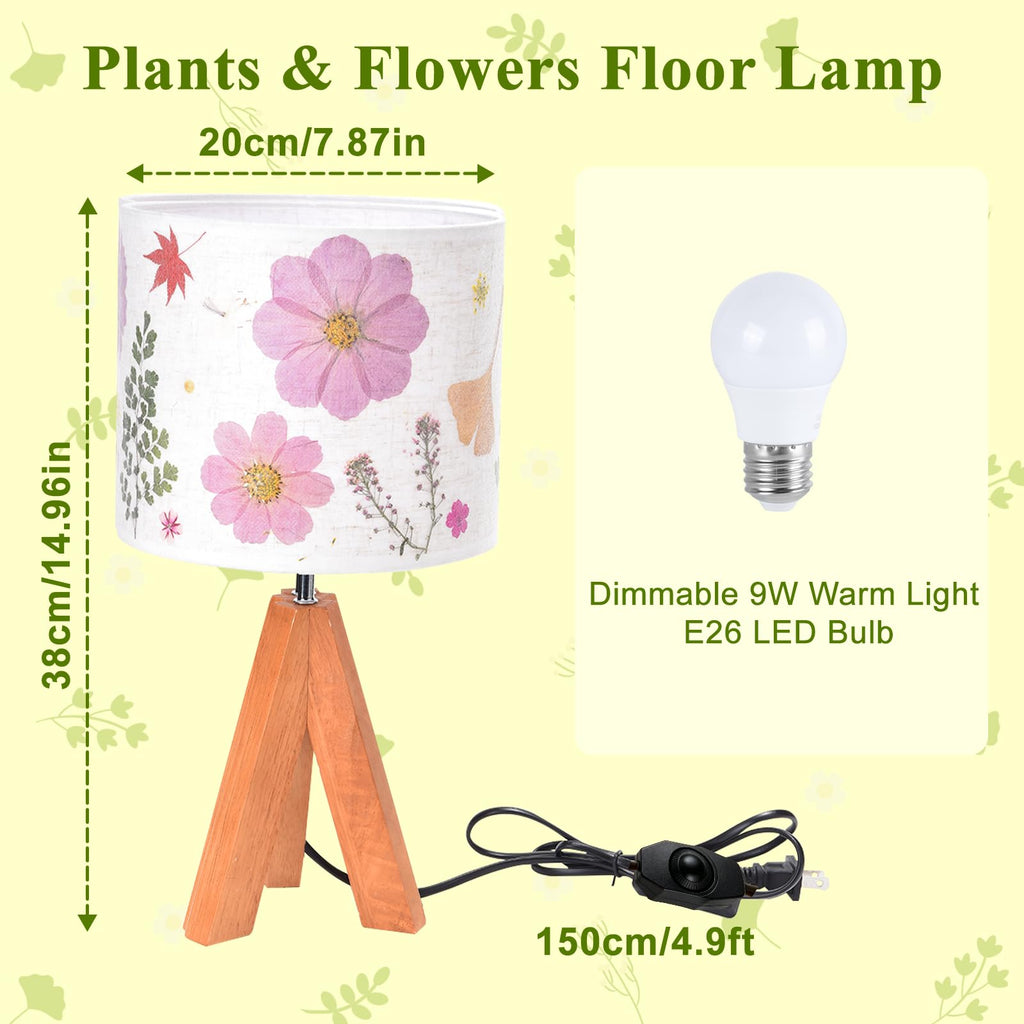 Dried Flowers Tripod Table Lamp 14.96in, 9W LED Dimmable Cute Bedside Lamp with Flowers Linen Lampshade for Nursery, Bedroom, Kid Room, Living Room, Light Brown Wooden Base