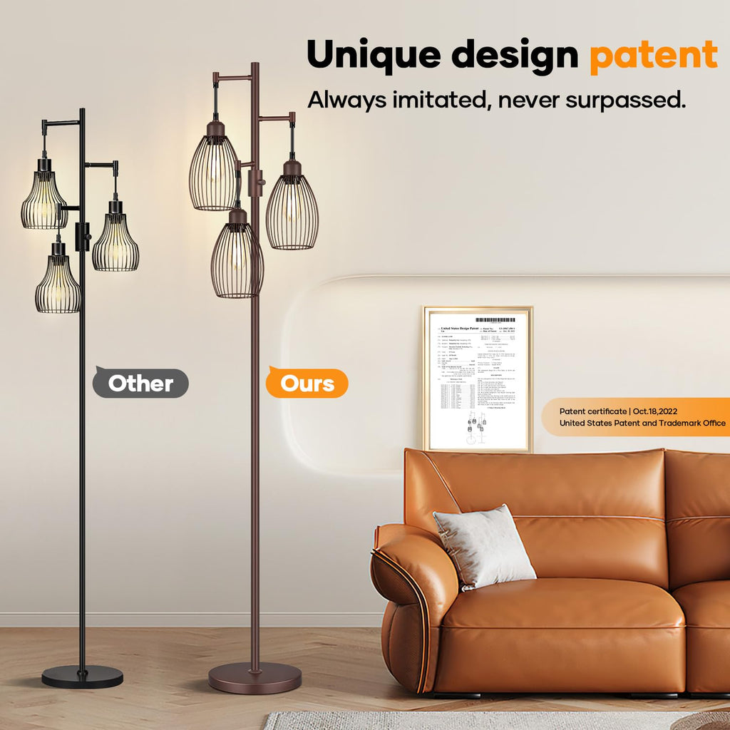 Floor Lamp,3x800LM LED Bulbs Included, Farmhouse Industrial Floor Lamp Standing Tree Lamp with Teardrop Cage Head Tall Lamp for Living Room Bedroom Office Dining Room - Matte Brown