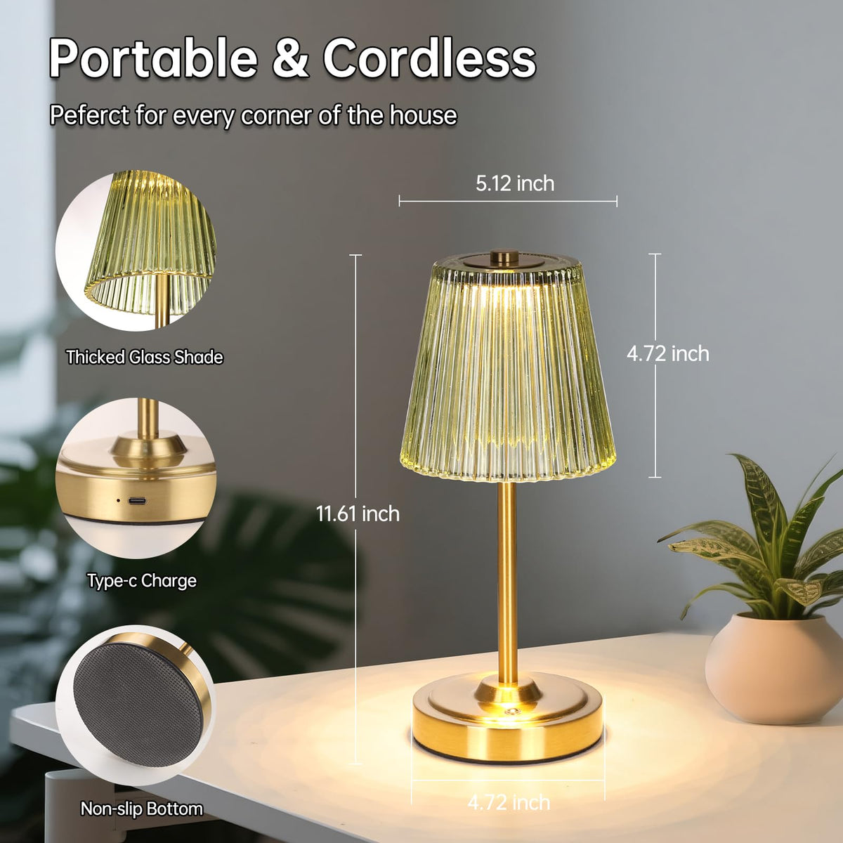 Set of 2 Cordless Touch Table Lamp with 5200mAh Battery - 3 Adjustable Color Temperatures & Dimmable, Rechargeable Lamp for Bedsides, Living Room, Entryway, Bookshelves (Green Stripe)