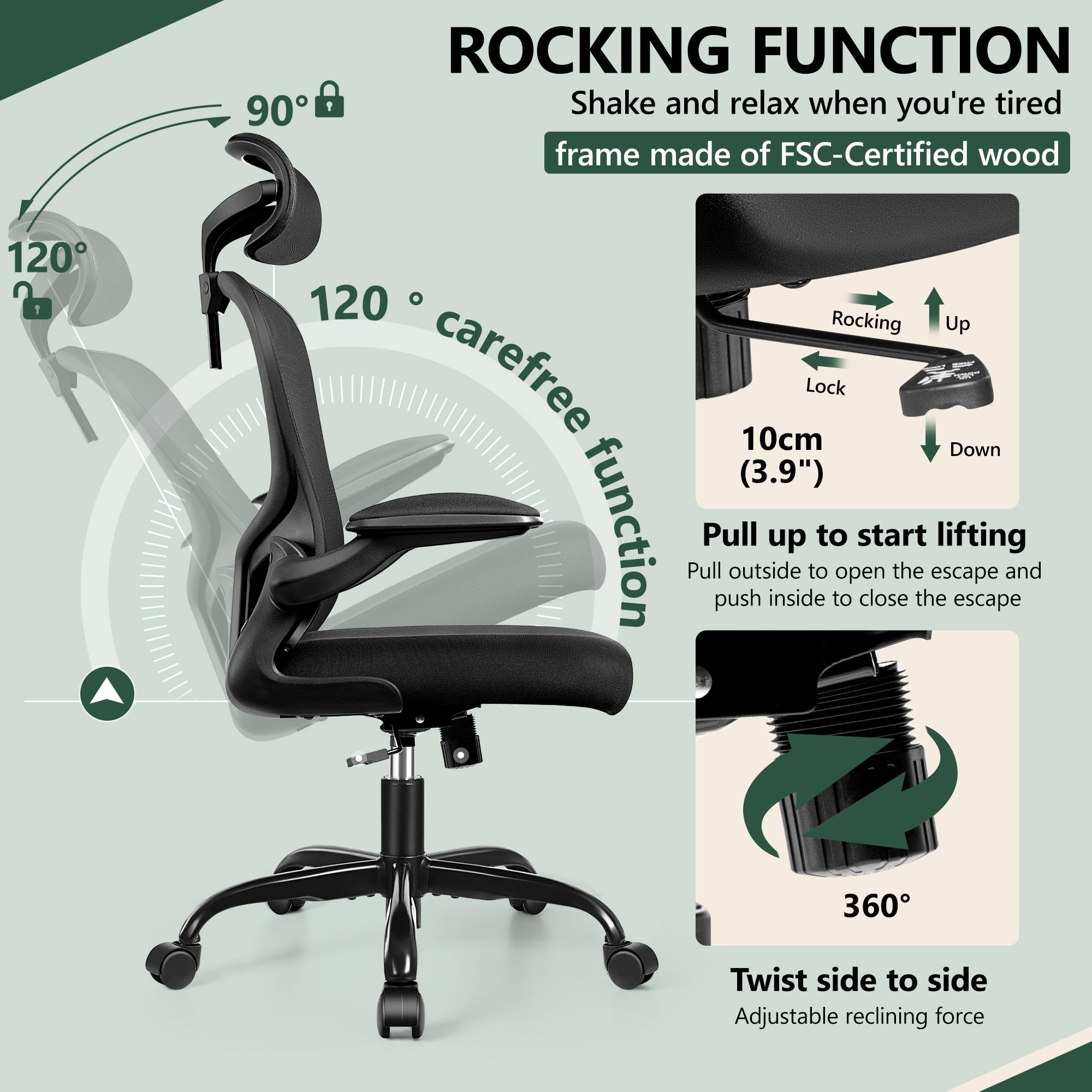 Office Chair Ergonomic Desk Chair with Headrest, High Back Computer with Adjustable Lumbar Support and Wheels,Executive Swivel Comfy with flip-up Armrests for Home Office