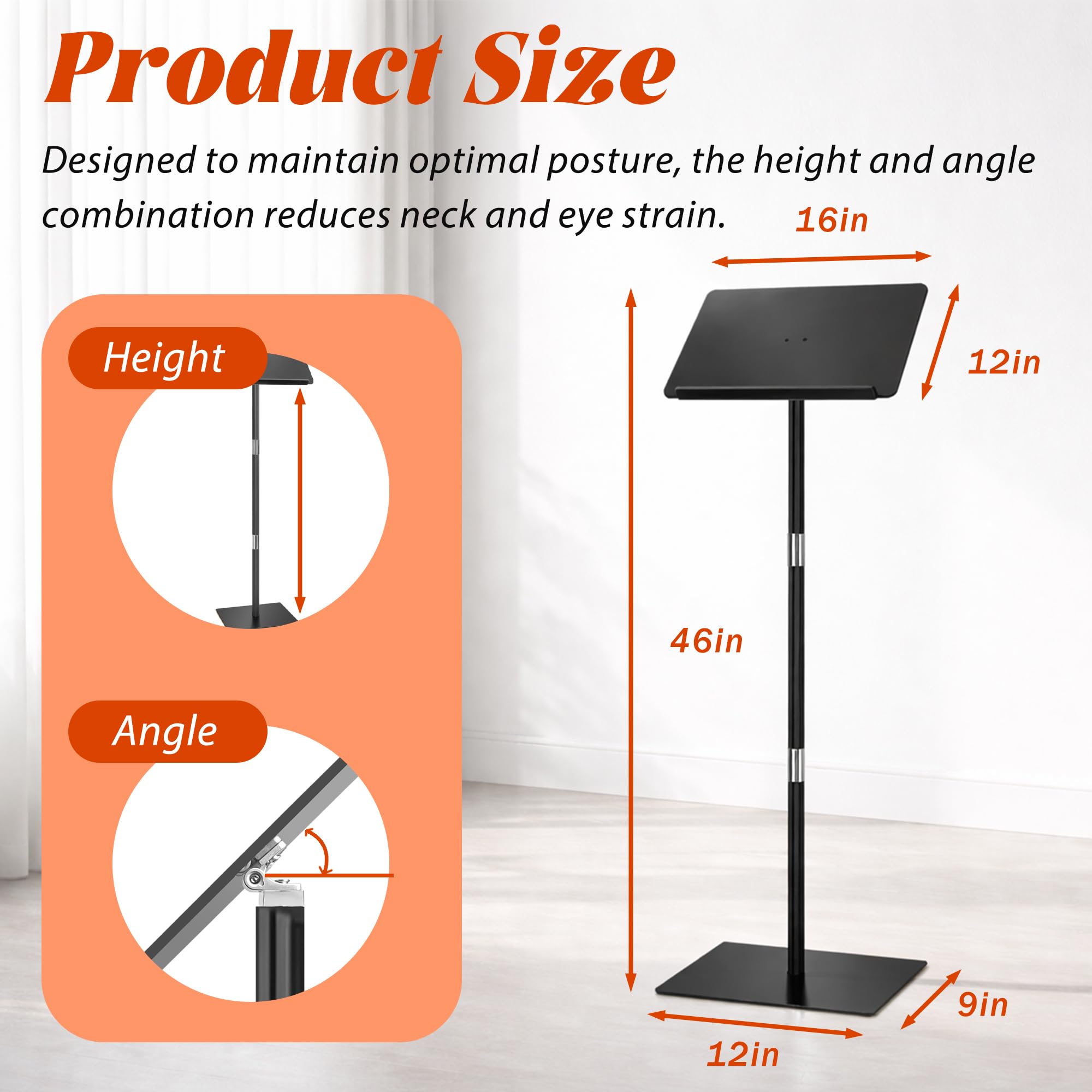 Podium Stand, Lecterns & Podiums, Acrylic Adjustable Angles with Metal Base, Podium for Church, Weddings, Classroom, Speech, 16" L x 12" W x 48" H (Black)