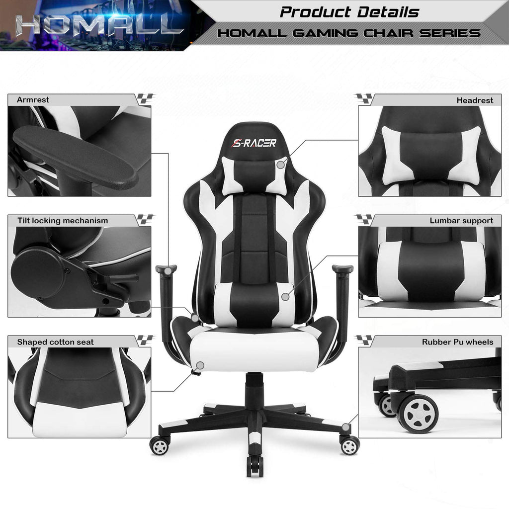 Gaming Chair, Office Chair High Back Computer Chair Leather Desk Chair Racing Executive Ergonomic Adjustable Swivel Task Chair with Headrest and Lumbar Support (White)