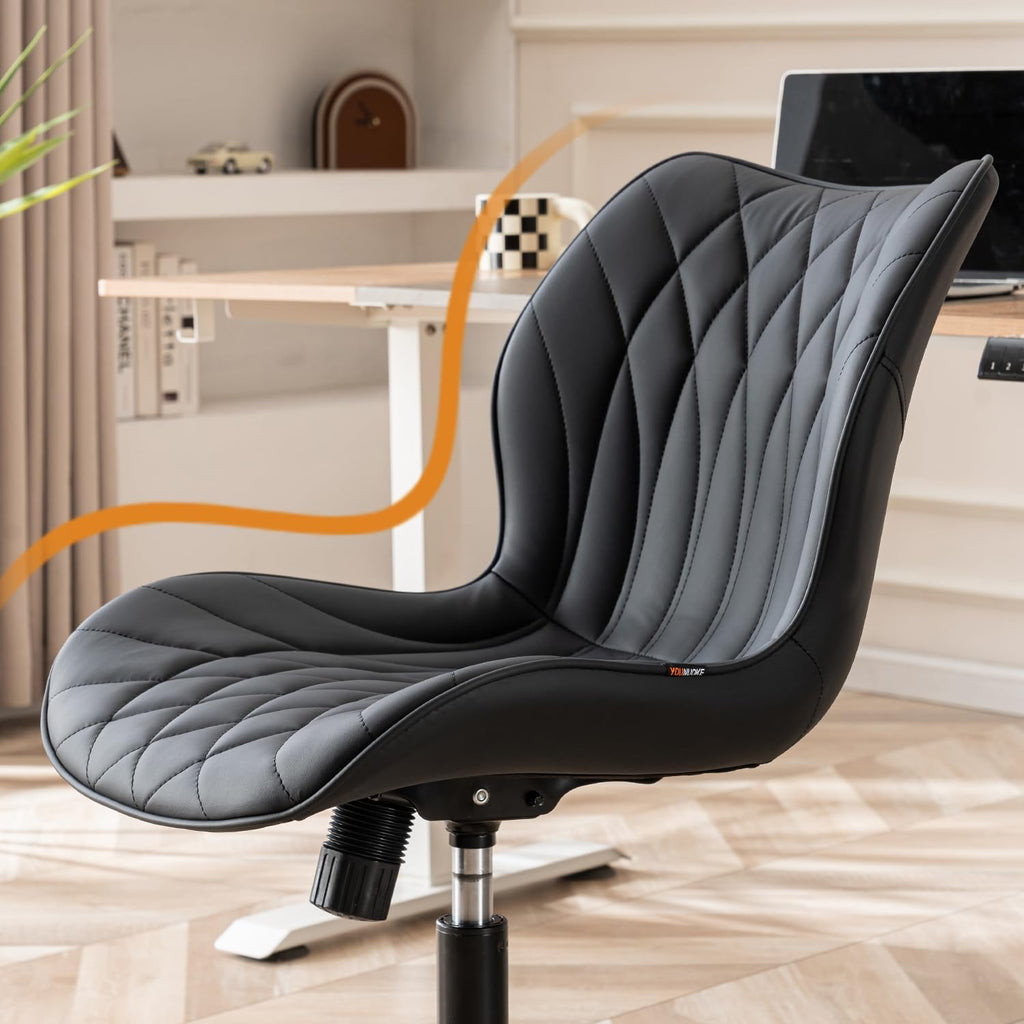 Armless Desk Chair Comfy Office Chair with Wheels Home Ergonomic Task Chair Adjustable Computer Chairs Modern Faux Leather Swivel Chair Upholstered Makeup Vanity Chair with Back(Black)