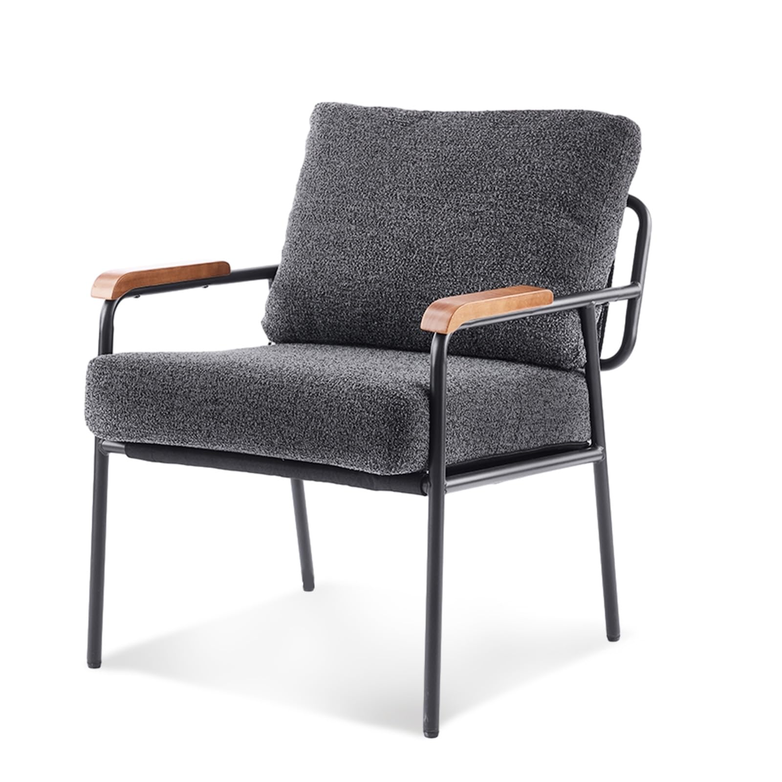 Mid-Century Modern Accent Armchair for Office, Small Comfy Upholstered Leisure Reading Chair with Wood Armrest for Office, Bedroom, Living Room, Waiting Room, Linen Grey