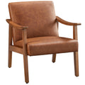 PU Leather Accent Chair, Mid-Century Modern Armchair with Solid Wood Legs, Reading Leisure Chair with High Back for Living Room Bedroom Waiting Room, Light Brown