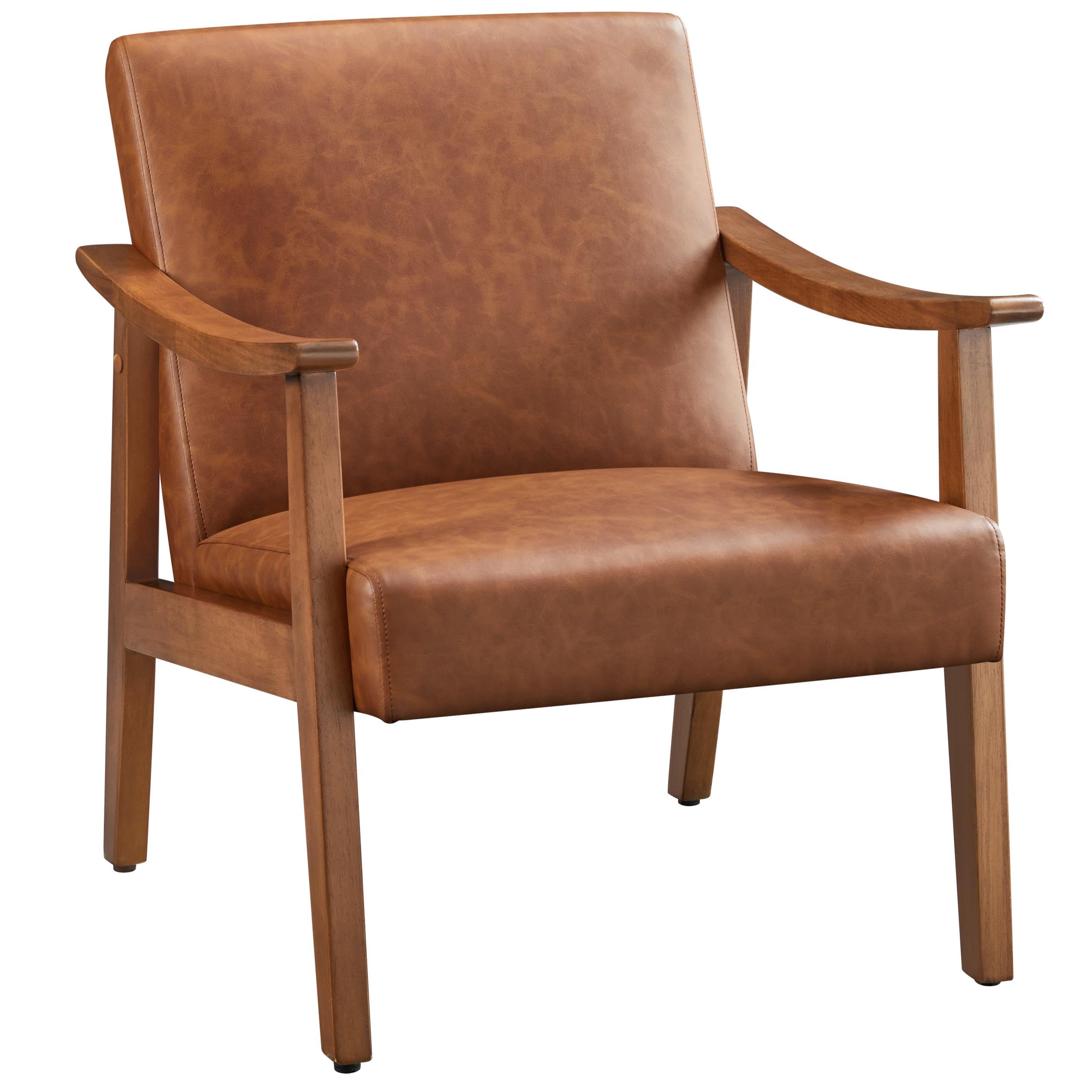 PU Leather Accent Chair, Mid-Century Modern Armchair with Solid Wood Legs, Reading Leisure Chair with High Back for Living Room Bedroom Waiting Room, Light Brown